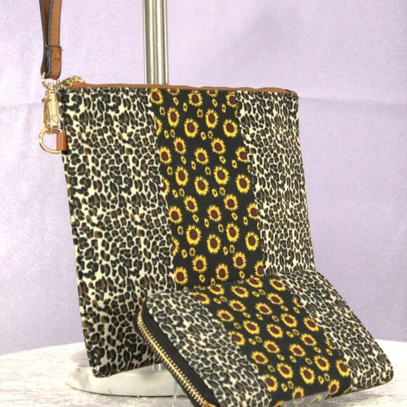 Sunflower and leopard patchwork wristlet and wallet set - Picture 3 of 8